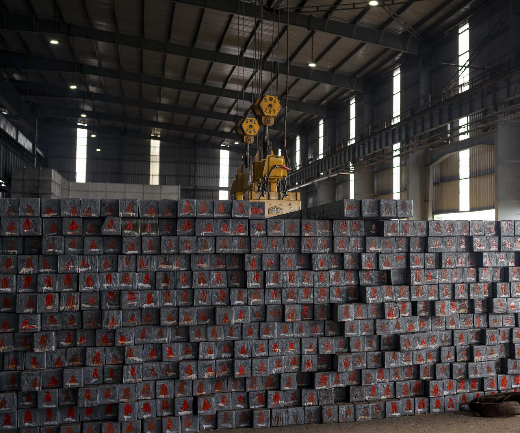High stacks of bundled material in the bay